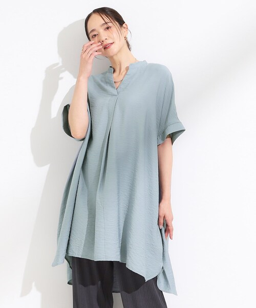 洗える♡LEQUIOレキオ＊リネンギャザーチュニックワンピース　ブルー　ゆったり SHOO・LA・RUE チュニック 「S-LL/ひんやり」涼しく楽に体型