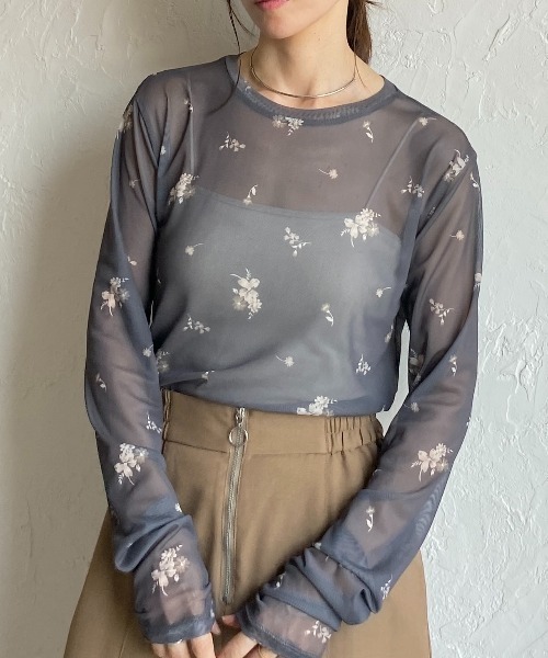 FloraCore フラワープリント 長袖Tシャツ She's Closet tシャツ クルーネック長袖フラワープリント花柄シアー