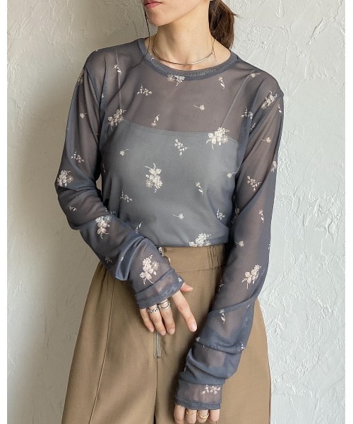 She's Closet tシャツ クルーネック長袖フラワープリント花柄シアー