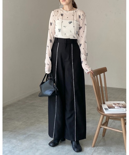 新品❤️HYEONヘヨンシアークルートップスフラワー She's Closet tシャツ クルーネック長袖フラワープリント花柄シアー