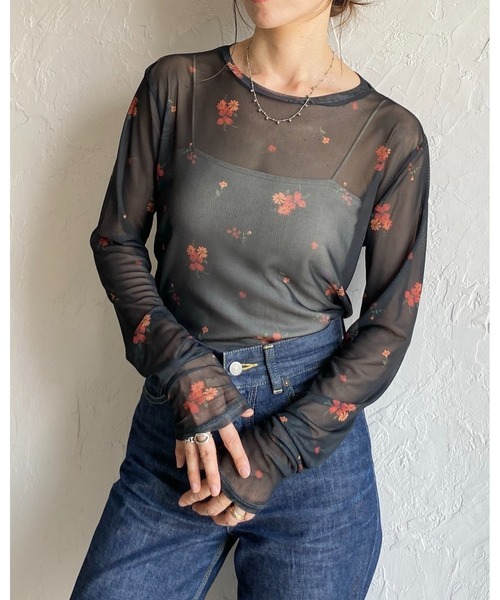She's Closet tシャツ クルーネック長袖フラワープリント花柄シアー