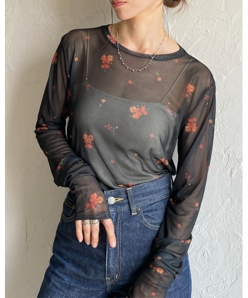 She's Closet tシャツ クルーネック長袖フラワープリント花柄シアー