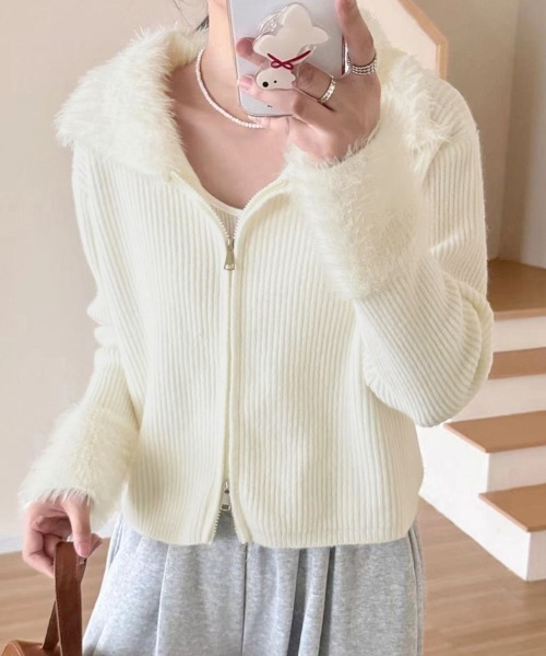 ReRe カーディガン フェイクファー付きリブニットジップカーディガン