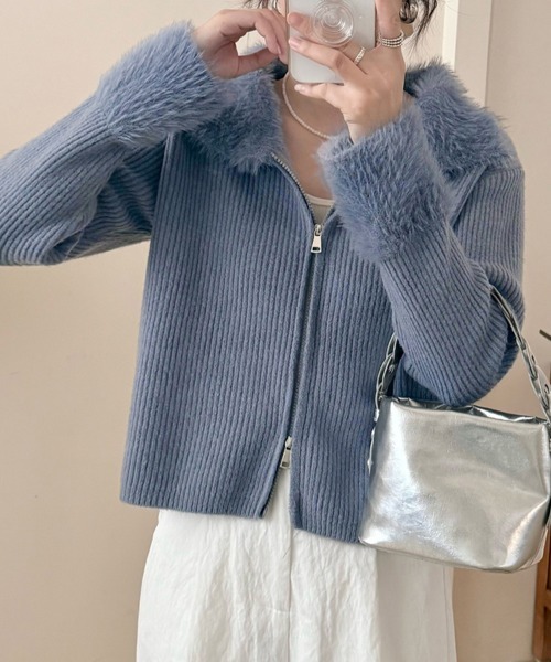 ReRe カーディガン フェイクファー付きリブニットジップカーディガン