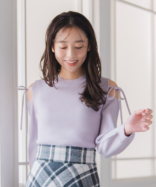 新品Misch Masch 水色グレー 長袖ニット リボン付きグレーリブ編み MISCH MASCH（ミッシュマッシュ） ニット セーター 肩開きリボンニット