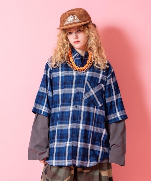 tシャツ a.p.o.v. チェック柄シャツレイヤードオーバーサイズ