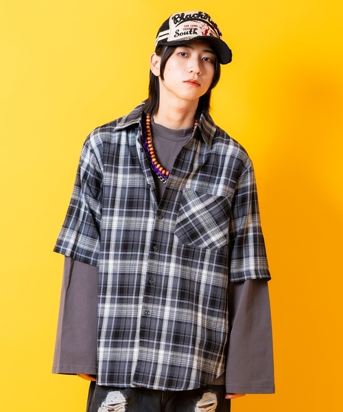 tシャツ a.p.o.v. チェック柄シャツレイヤードオーバーサイズ