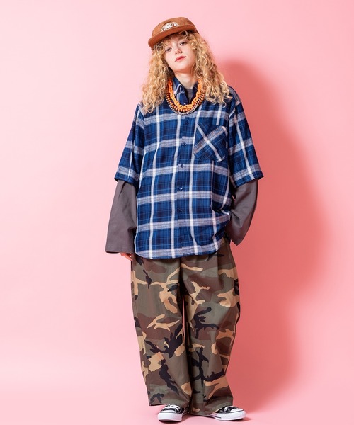 tシャツ a.p.o.v. チェック柄シャツレイヤードオーバーサイズ