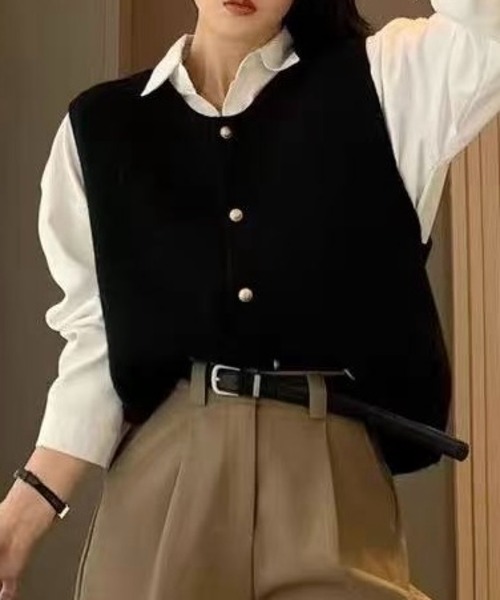 SHOUYO ベスト ジレ パールボタンニットベスト／レイヤードショート