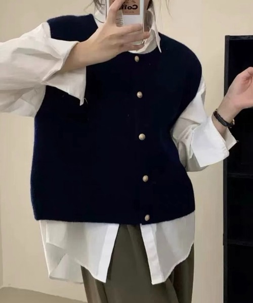 SHOUYO ベスト ジレ パールボタンニットベスト／レイヤードショート