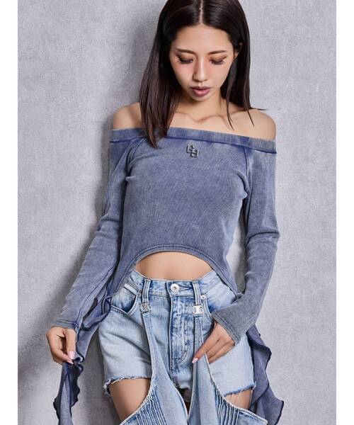 GYDA（ジェイダ） tシャツ GG SIDE DRAPE EDGEオフショルトップス
