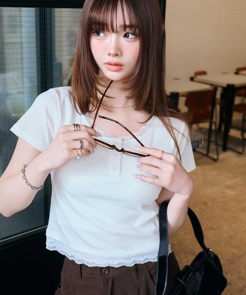 ヘンリーネック tシャツ 半袖 ヘンリーネックレースレイヤード風リブ