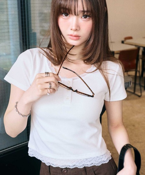 ヘンリーネック tシャツ 半袖 ヘンリーネックレースレイヤード風リブ
