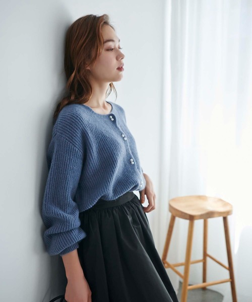 【美品】BLUE FRONCE パール ボリュームリブカーディガン 羽織り 38 美品】BLUE FRONCE パール ボリュームリブカーディガン 羽織り
