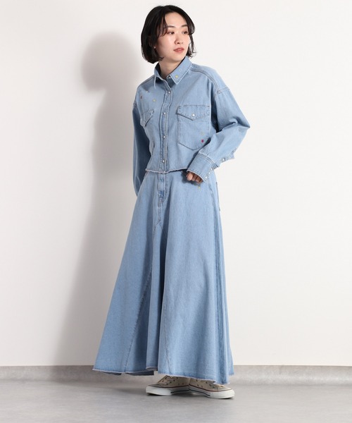 cepo（セポ） ブラウス シャツ フラワー刺繍デニムショートシャツ