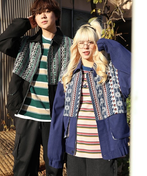 カバーオール HOOK -original- 古着風幾何学模様ジャカード切り替え