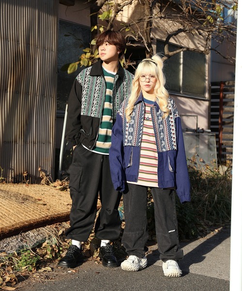 カバーオール HOOK -original- 古着風幾何学模様ジャカード切り替え