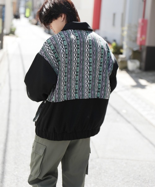 ブランド古着！日本製 niche.+ USA fabric コットンカバーオール カバーオール HOOK -original- 古着風幾何学模様ジャカード切り替え