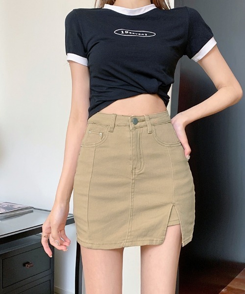 ミニスカート Side Flat Striped Skirt SEU スカート サイドスリットデニムミニスカートパンツ スカート