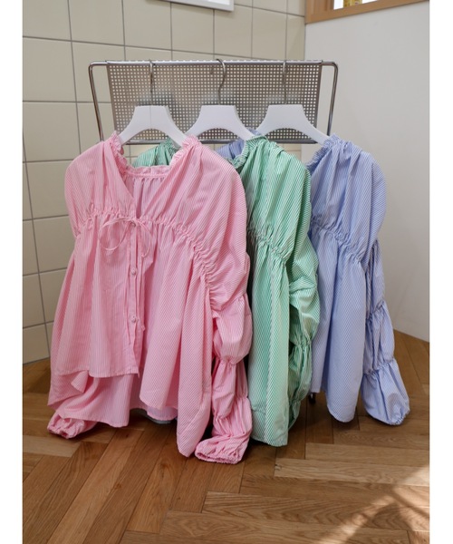 ブラウス シャツ stripe triple shirring blouse レディース
