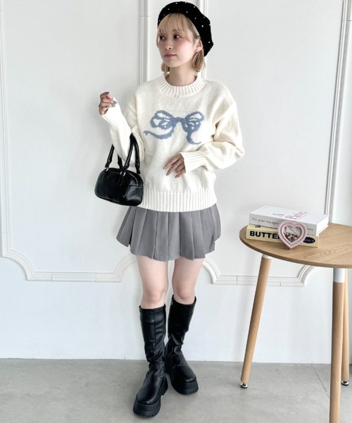 セーター、スカート、リボン Loueme ニット セーター リボンジャガードニットトップス レディース