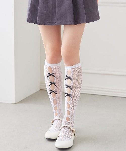 チュチュアンナ（tutuanna） 靴下 リボン付きレースハイソックス40cm丈