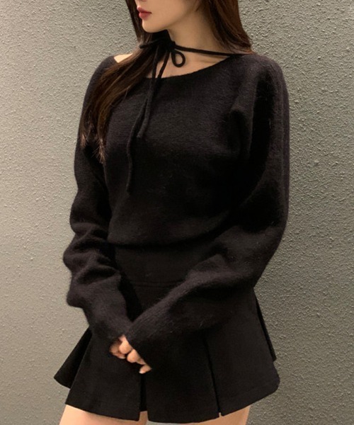 ニット セーター リボンレースアップオフショルダーニットトップス