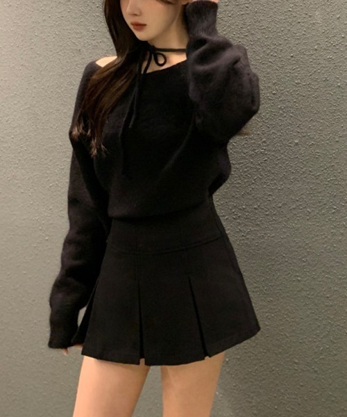 ニット セーター リボンレースアップオフショルダーニットトップス