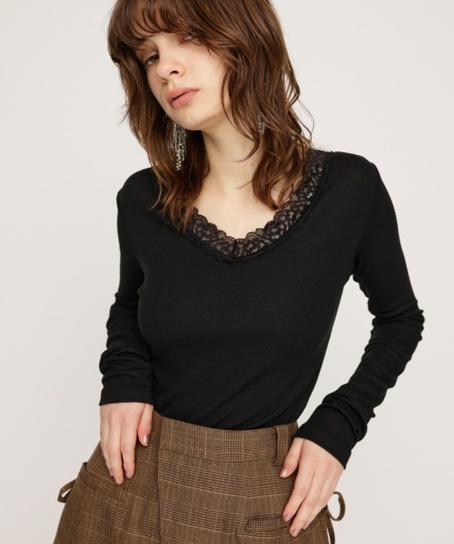 SLY tシャツ LACE DOCKING V/N TOPS レース ドッキン