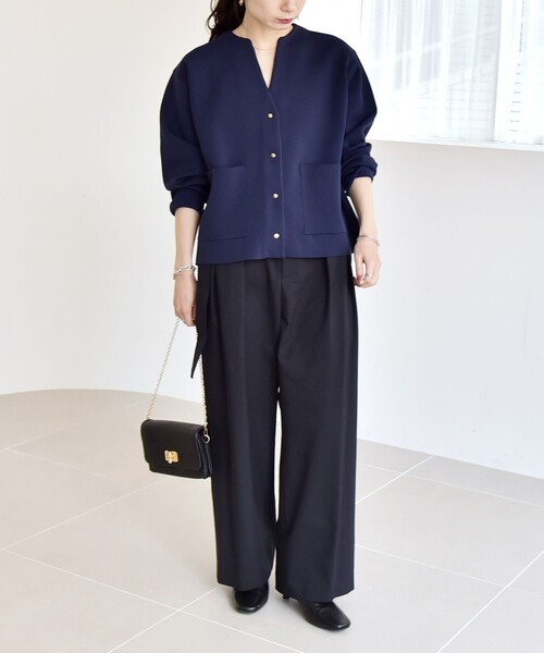 ノーカラーニットジャケット　NAVY quaranciel ジャケット ノーカラージャケット quaranciel:「手洗い可能