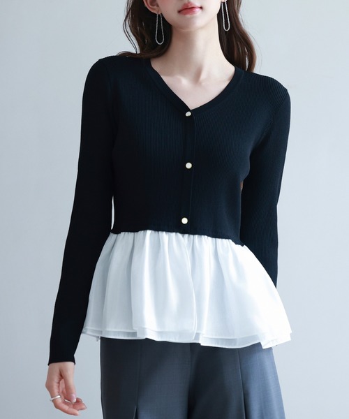 Sono - sono 22FW ブラック　ペプラムレディニットプルオーバー　ぽんぽんニット SAISON DE PAPILLON ニット セーター ぺプラム裾ドッキング