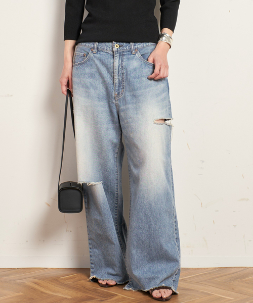 新品 Attick by Johnbull 別注ワイドデニム ダメージ Attick by Johnbull/アティック バイ ジョンブル】ダメージ