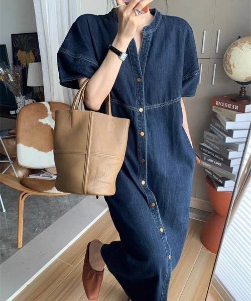 FAVORITO ワンピース 半袖 Vネックシングルブレスト半袖デニム