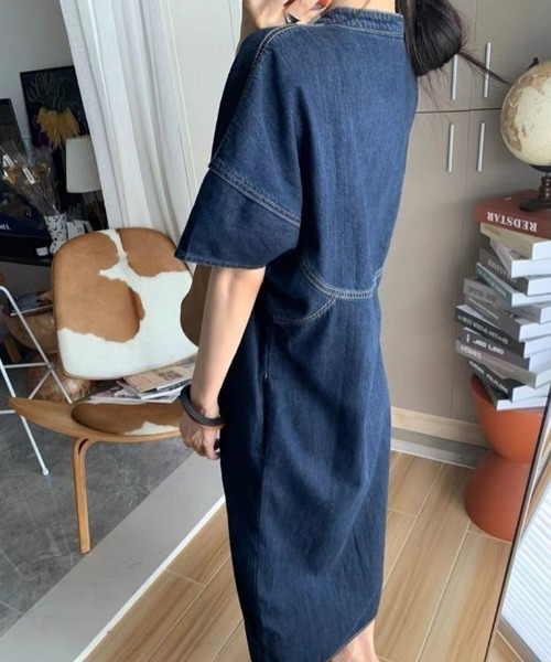 FAVORITO ワンピース Vネックシングルブレスト半袖デニム