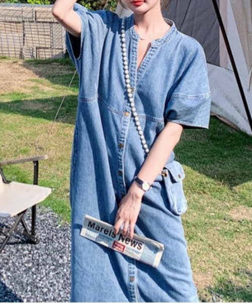 FAVORITO ワンピース 半袖 Vネックシングルブレスト半袖デニム