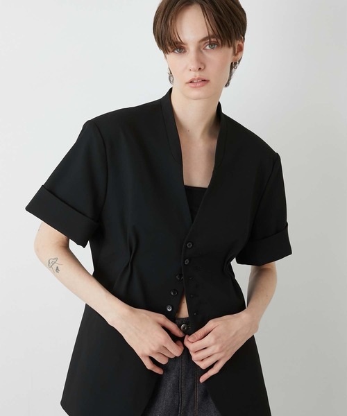 LA PEAU DE GEM ハーフスリーブホールジャケット　ブラック セール】【LA PEAU DE GEM】halfsleeve hole jacket/ハーフ