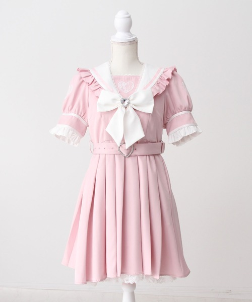 ハンドメイド♡90cmラベンダーフリルたっぷりセーラーワンピースリボン Stripe Ribbonセーラーワンピース サックス×ホワイト／select