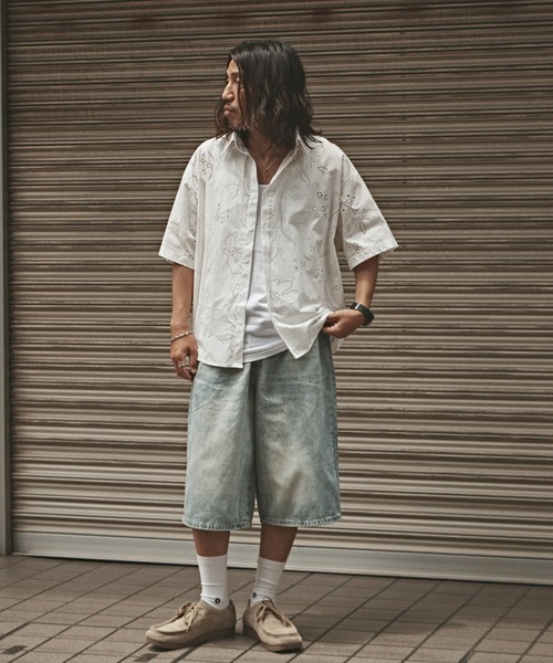 ハーフパンツ 白 古着屋 1点物 リメイク品 グランジ加工 ストリート系 ハーフパンツ 白 古着屋 1点物 リメイク品 グランジ加工