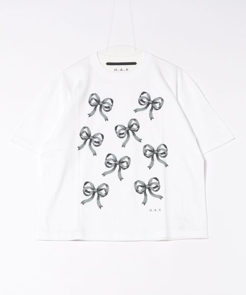 tシャツ 5．6オンスコットン天竺リボンモチーフプリントTシャツ レディース