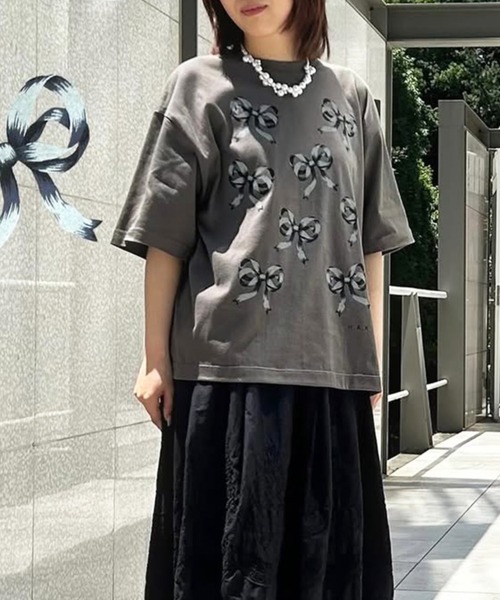 tシャツ 5．6オンスコットン天竺リボンモチーフプリントTシャツ レディース