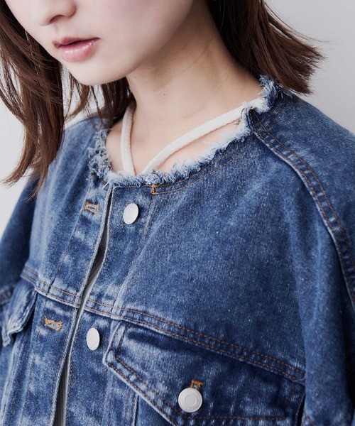 Bulue. デニムジャケット gジャン 「Bulue.」ノーカラーフリンジデニム