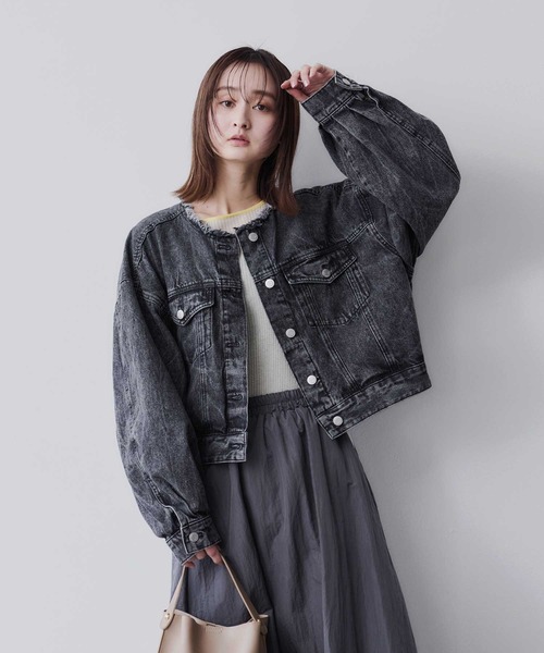 Bulue. デニムジャケット gジャン 「Bulue.」ノーカラーフリンジデニム