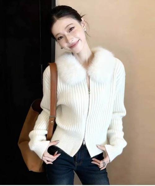 ニット/セーター Faux Fur SLV knit top white Sibra（シブラ） ニット セーター ファー襟付きリブニットトップス