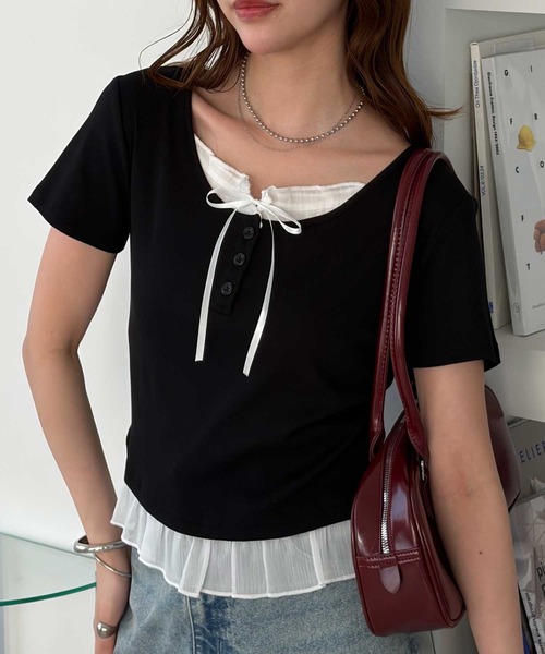 tシャツ リボン付きレイヤード風シアーフリルリブトップス レディース 