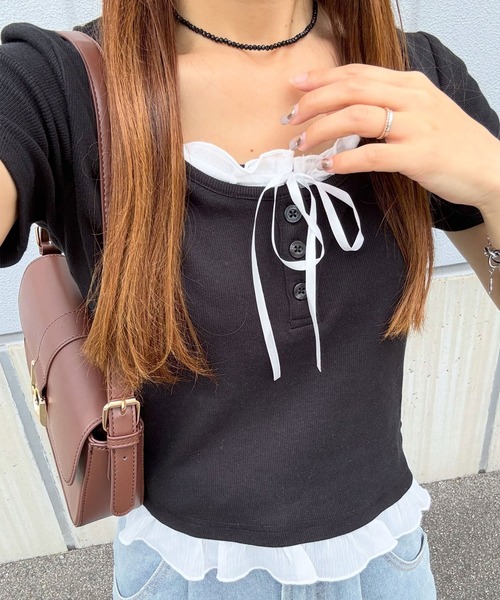 ヘンリーネック tシャツ 半袖 リボン付きレイヤード風シアーフリルリブ