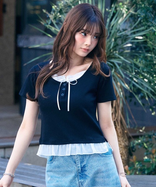 リュバンドール Tシャツ付きニットエプロン tシャツ リボン付きレイヤード風シアーフリルリブトップス レディース