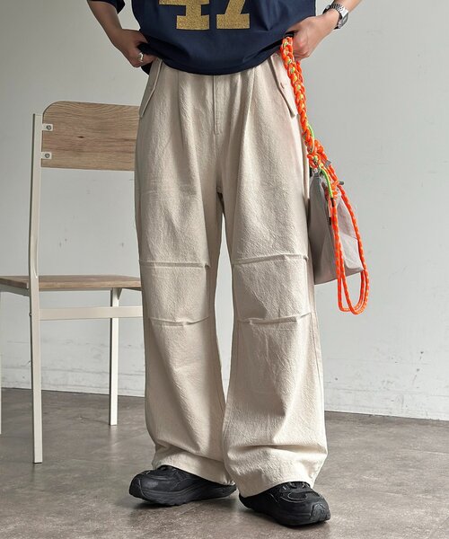 CPCM（シーピーシーエム） ワイドパンツ パンツ 綿麻ニータックパンツ