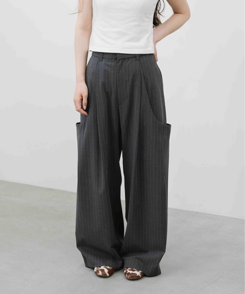 HONE スラックス volume tuck curve wide stripe slacks/ ボリューム