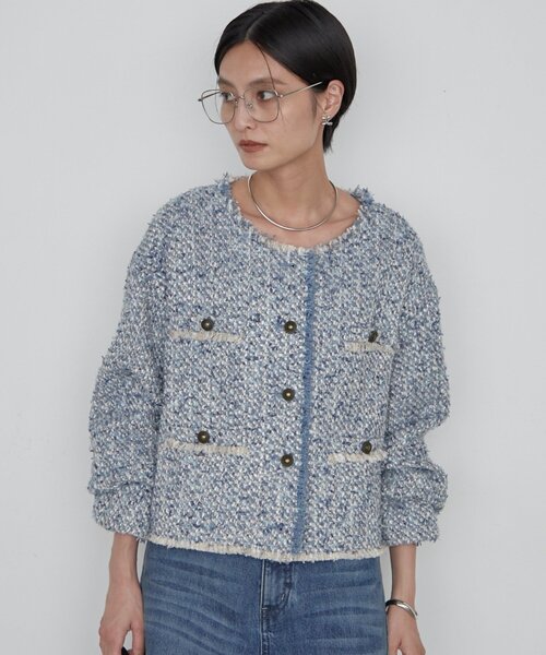 美品✨『Loungedress』ラウンジドレス ノーカラー ツイードジャケット Loungedress（ラウンジドレス） ジャケット ノーカラージャケット