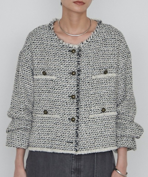 美品✨『Loungedress』ラウンジドレス ノーカラー ツイードジャケット Loungedress（ラウンジドレス） ジャケット ノーカラージャケット